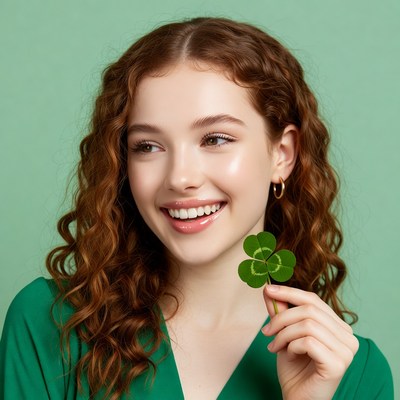 Smiling woman holding four-leaf clover
