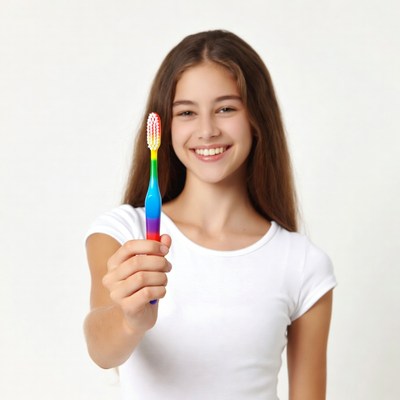 Girl holding rainbow toothbrush