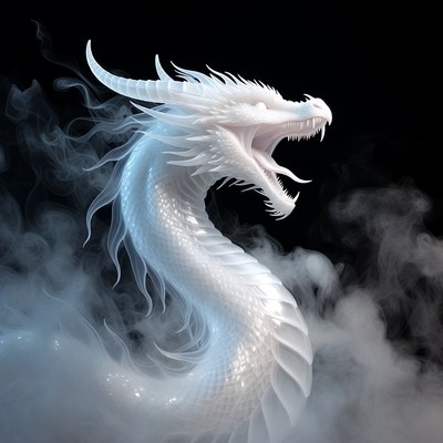 Roaring White Dragon in Mist
