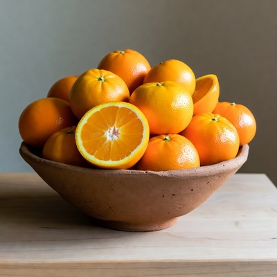 Fresh Oranges in Terracotta Bowl