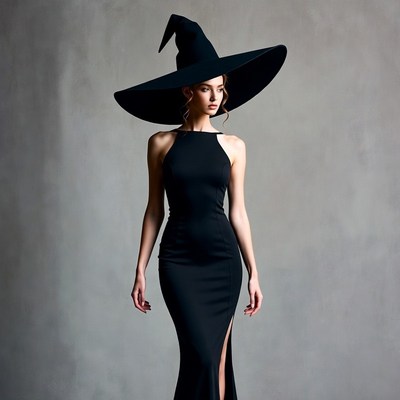Woman in black witch hat dress