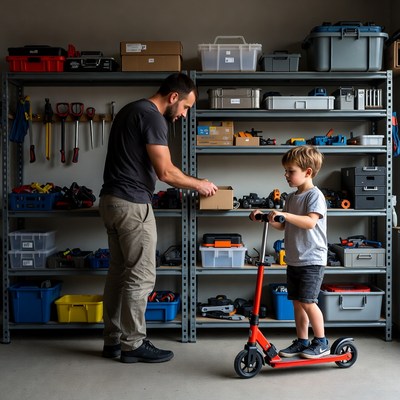 Father helping son with scooter in garage