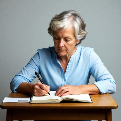 Elderly woman writing in notebook
