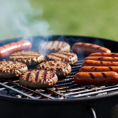 Grilled Burgers and Sausages on BBQ