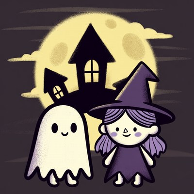 Cute Witch Girl with Ghost Halloween