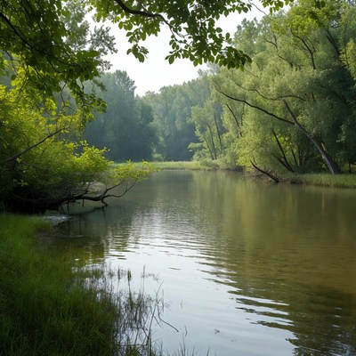 Serene River in Lush Green Forest