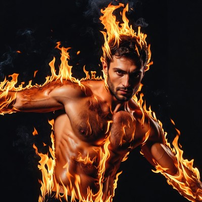 Muscular man engulfed in flames
