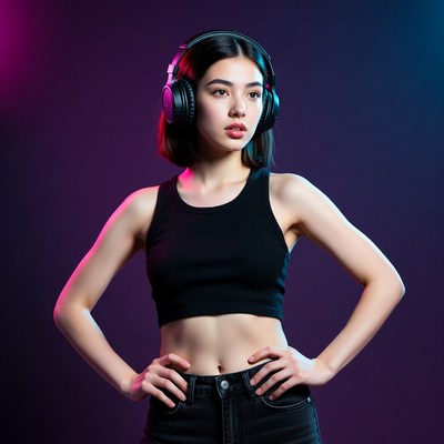 Asian woman wearing headphones