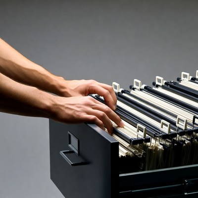 Hands searching filing cabinet drawer