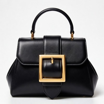 Black Leather Handbag with Gold Buckle