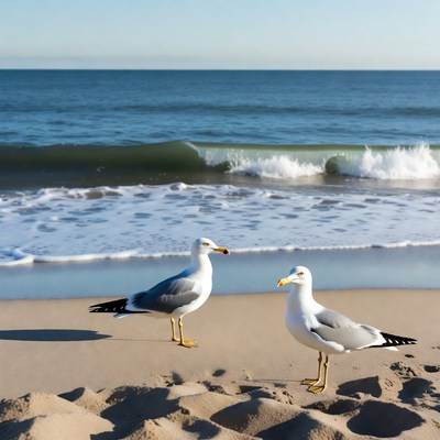 Two seagulls on beach by ocean