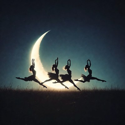 Silhouettes of ballerinas leaping before moon