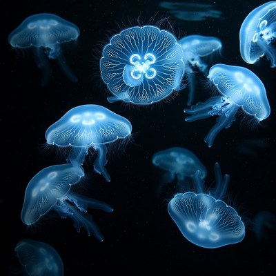 Glowing Blue Jellyfish Underwater