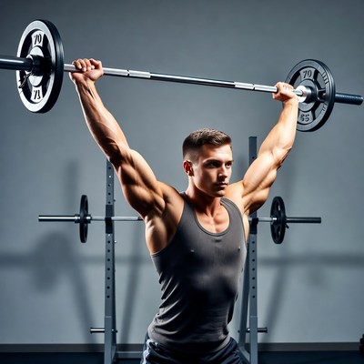 Muscular man overhead lifting barbell