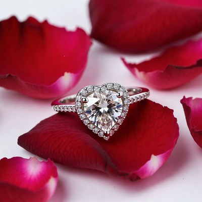 Heart Shaped Diamond Ring on Red Petals
