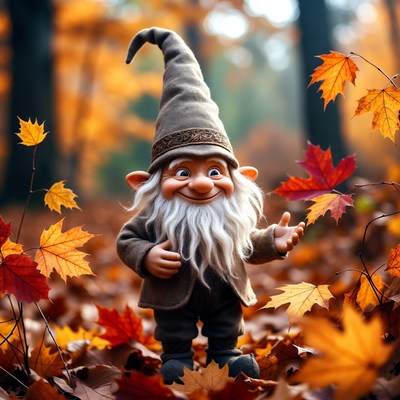 Gnome standing in autumn forest leaves