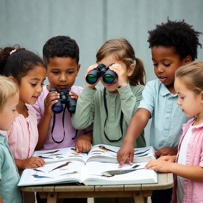 Diverse children viewing birds book binoculars