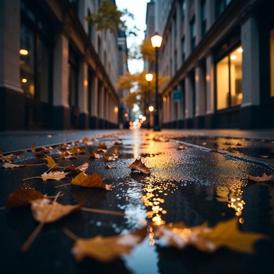 Wet Autumn Street with Fallen Leaves