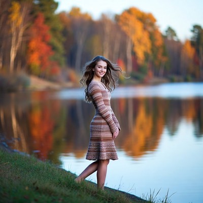 Teen girl in brown dress by autumn lake
