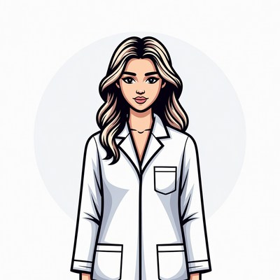 Blonde woman in white lab coat