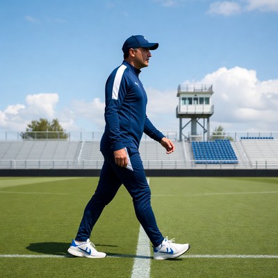 Coach walking on soccer field