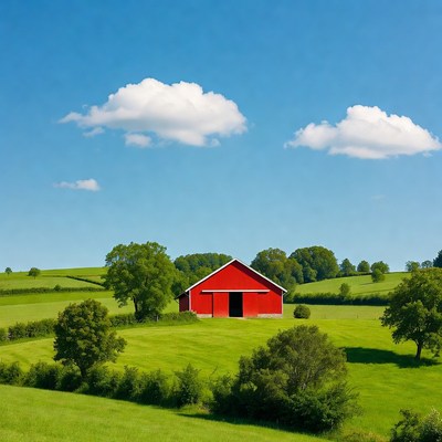 Red Barn in Green Fields