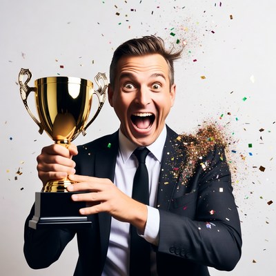 Man holding trophy with confetti