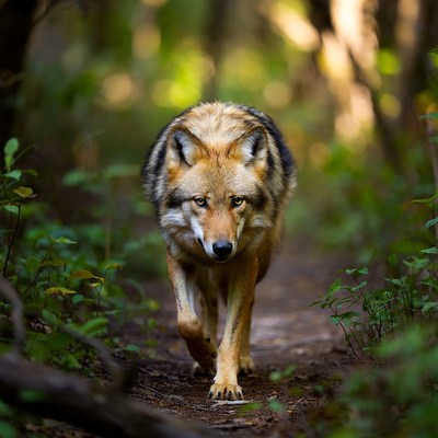 Coyote walking on forest trail