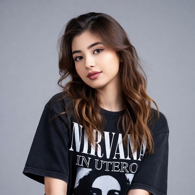 Asian woman in Nirvana t-shirt