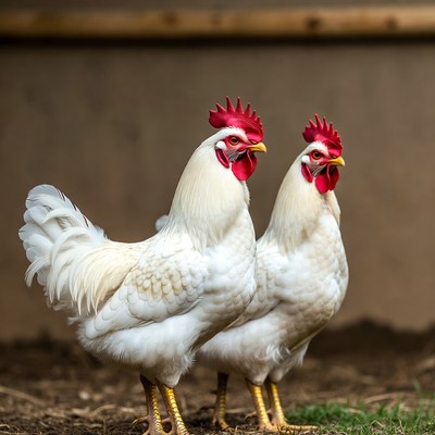 Two white hens with red combs