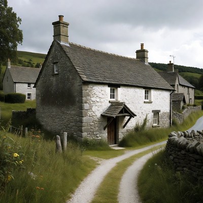 Stone Cottage by Country Path