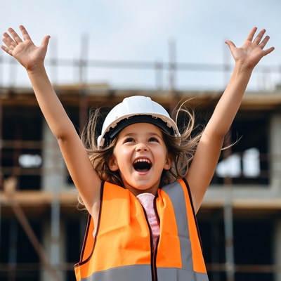 Happy girl in hard hat and vest