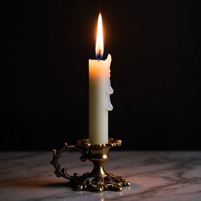 Burning Candle on Brass Candlestick