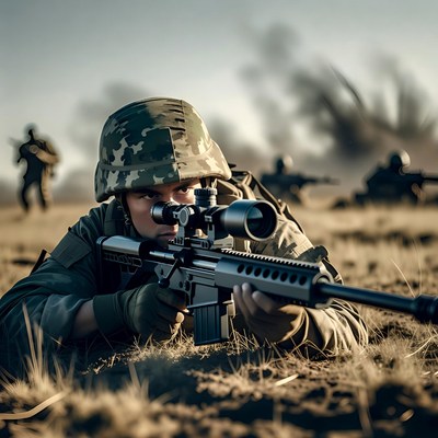 Female soldier aiming sniper rifle