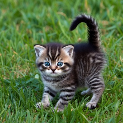 Tabby kitten playing on grass