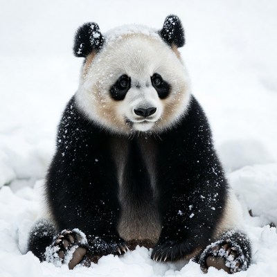 Snow-covered panda sitting in snow
