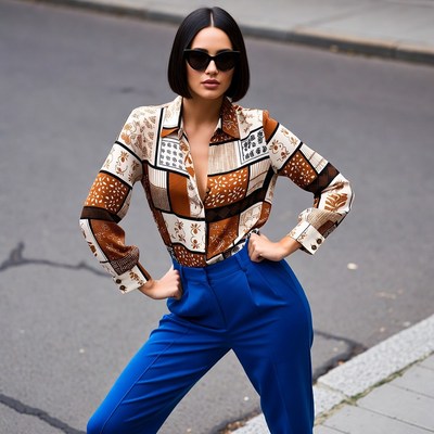 Woman in patterned blouse blue pants