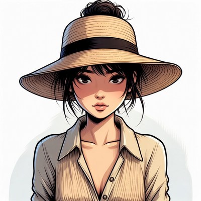 Asian woman wearing wide-brim straw hat