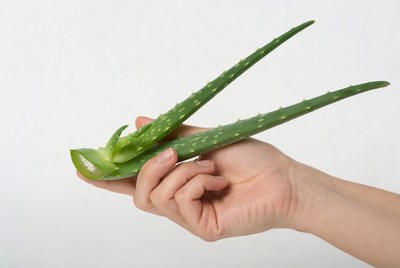 Hand holding aloe vera leaf