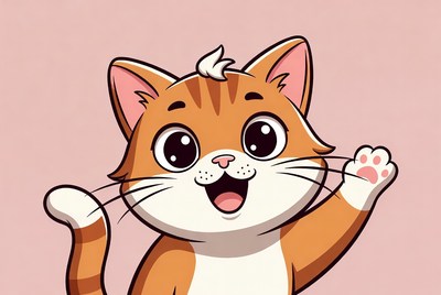 Cartoon orange kitten waving hello