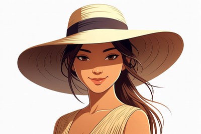 Asian woman wearing wide-brim straw hat