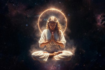 Woman meditating in golden halo