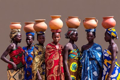 African women balancing clay pots on heads
