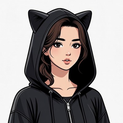 Anime girl in black cat ear hoodie