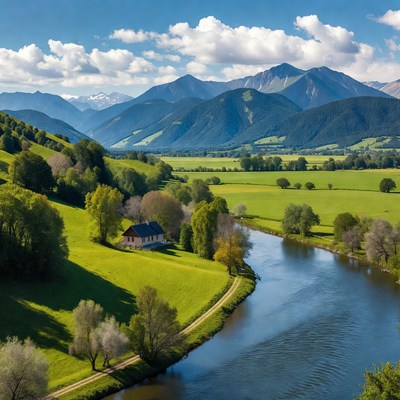 Mountain River Valley with Cottage