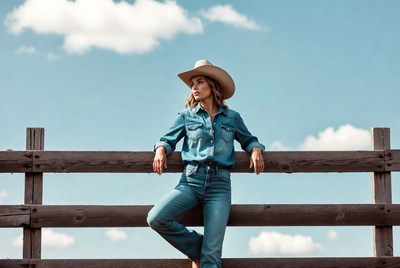Woman in cowboy hat leaning on fence