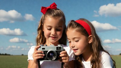 Two girls holding vintage camera