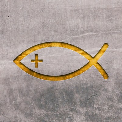 Gold Ichthys with Cross on Gray
