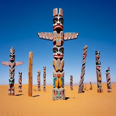 Totem Poles in Desert Landscape