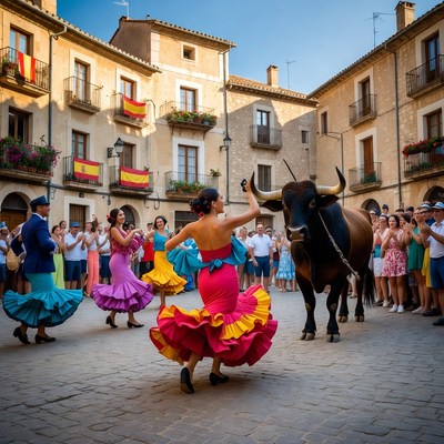 Women Dancing with Bull in Spanish Courtyard